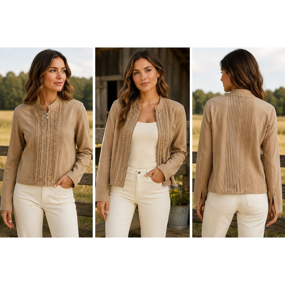 Coldwater Creek Women’s Med Faux Suede Jacket Tan Ruffle Pleated Zip Front Boho